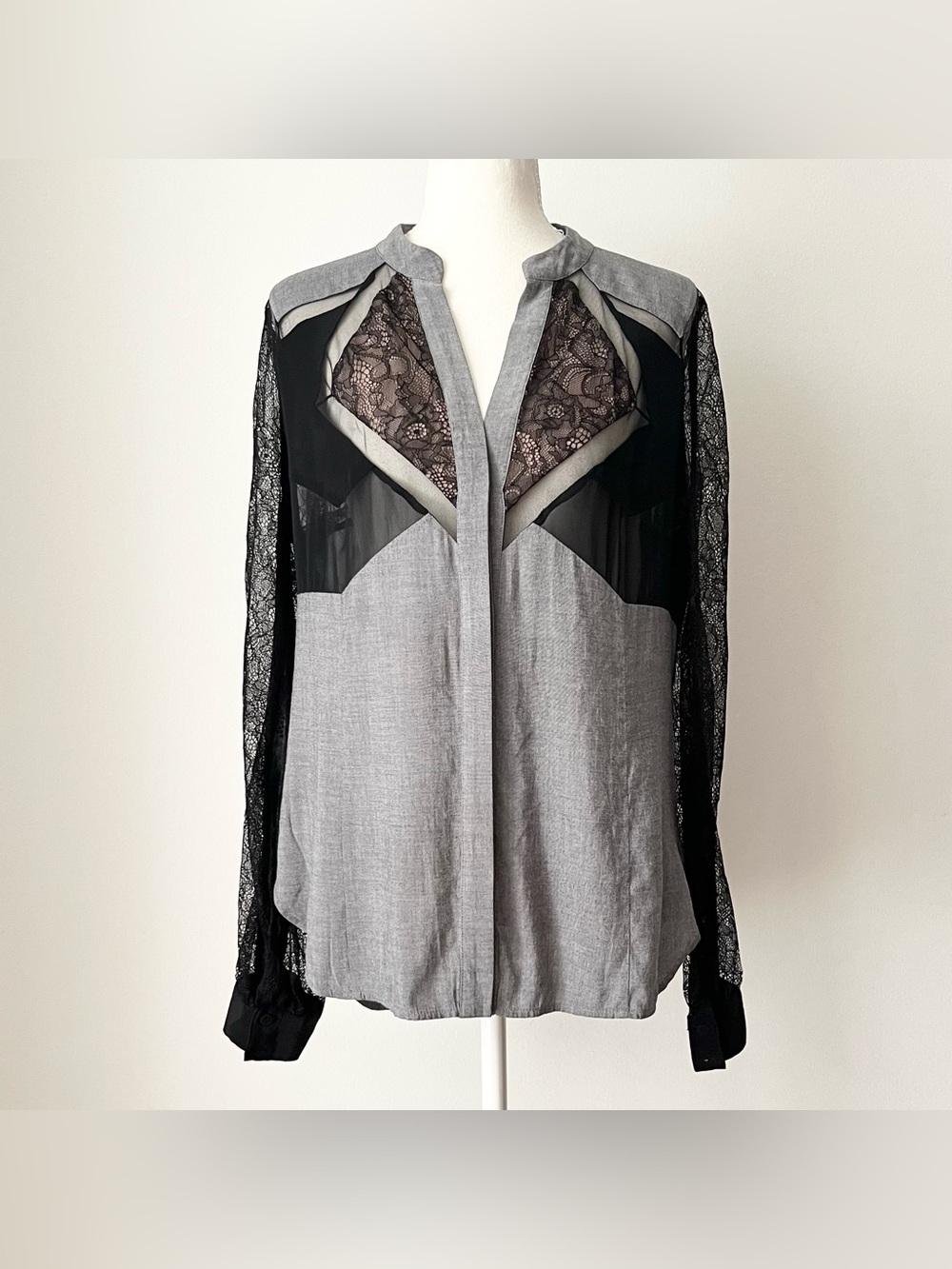 BCBG MaxAzria Women's Sheer Lace Blouse Gray Size M Whimsigoth Dark Romantic